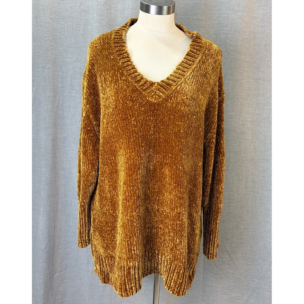 Zara Mustard Gold Chenille Oversized V Neck Tunic Sweater Women's Small